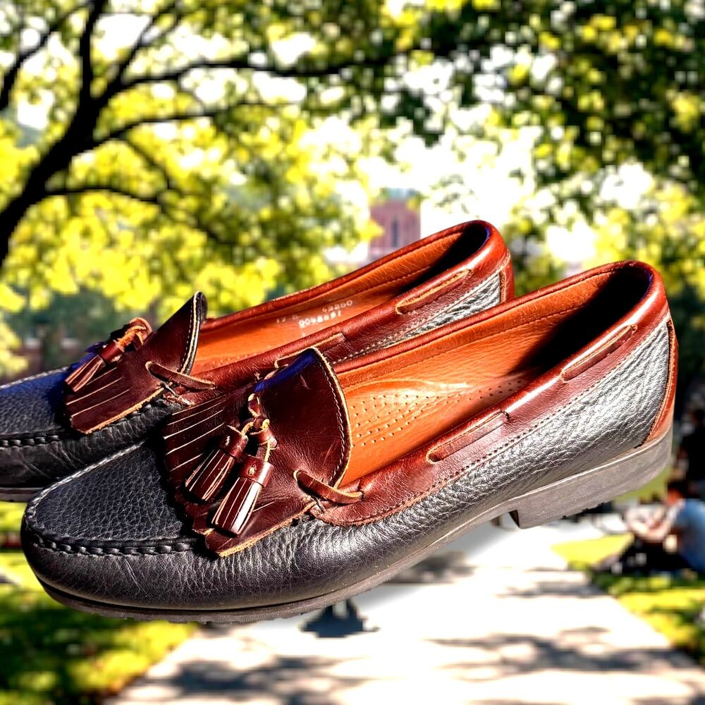 Men's 12B ALLEN EDMONDS Nashua Black/Brown Leather Tassel Kiltie Loafers EUC